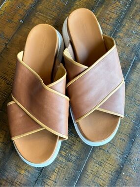 Cole Haan Tan and Light Tan Leather Crisscross Slide Sandals